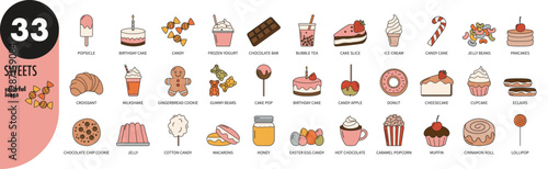 Colorful sweets and pastries line icons set. Ice-cream, pancakes, chocolate, cake, candy, cookie, donut, eclair, jelly, macarons, cupcake, muffin, lollipop, croissant, vector illustration