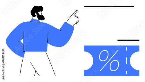 Individual pointing at a ticket with a percentage symbol, indicating a discount or promotion. Ideal for sales, marketing, retail, advertising, special offers, business strategy, and customer
