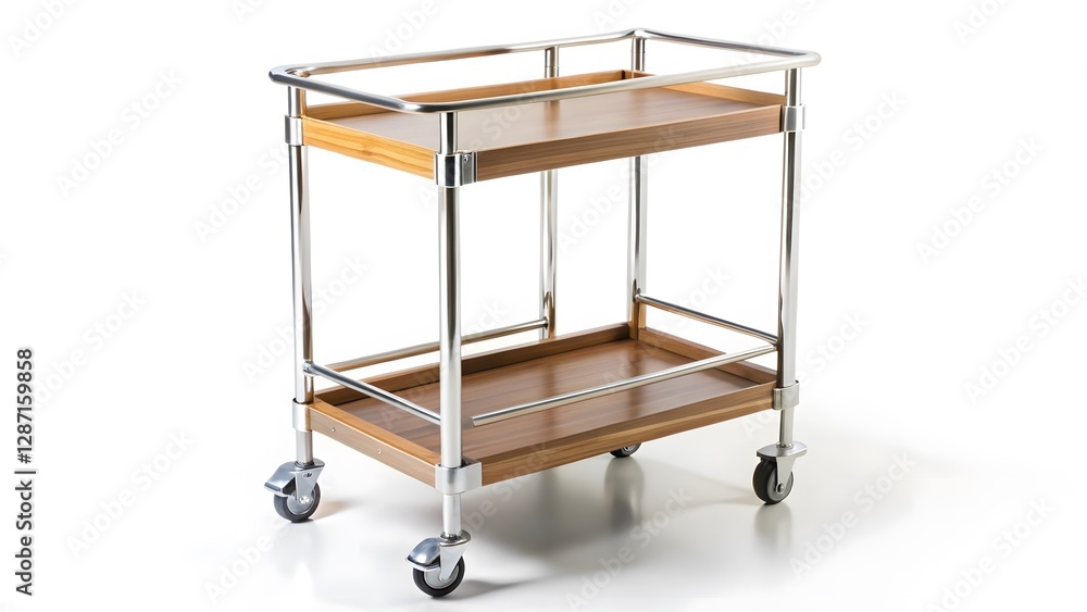 Two-Tier Serving Cart with Chrome Frame and Wooden Trays Two-Tier Serving Cart with Chrome Frame and Wooden Trays