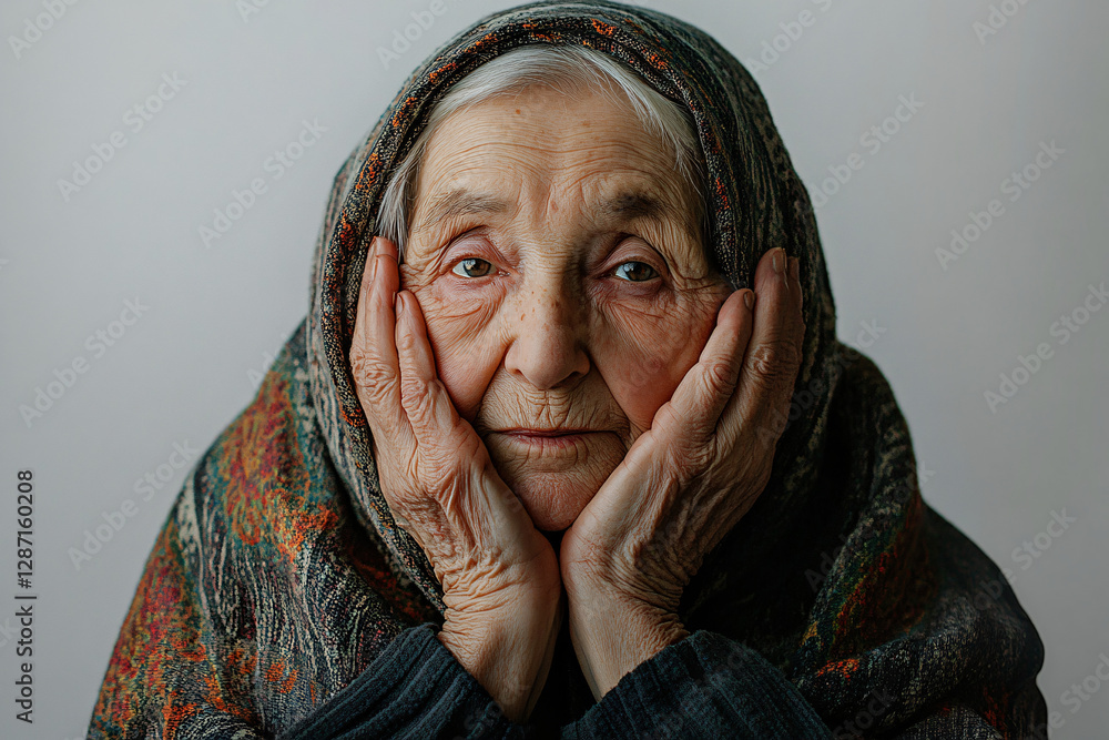 A senior woman with deep wrinkles wearing a patterned headscarf gently holding her face in her hands with a warm and thoughtful gaze
A senior woman with deep wrinkles wearing a patterned headscarf gently holding her face in her hands with a warm and thoughtful gaze