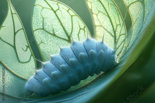 Crystalline Caterpillar on Verdant Leaf: A Digital Macro