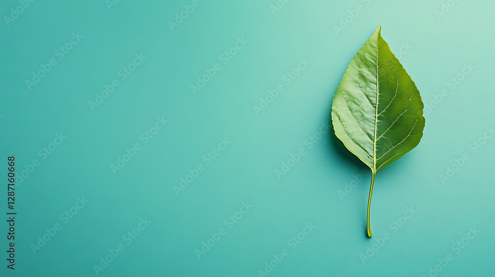 A leaf is on a blue background A leaf is on a blue background