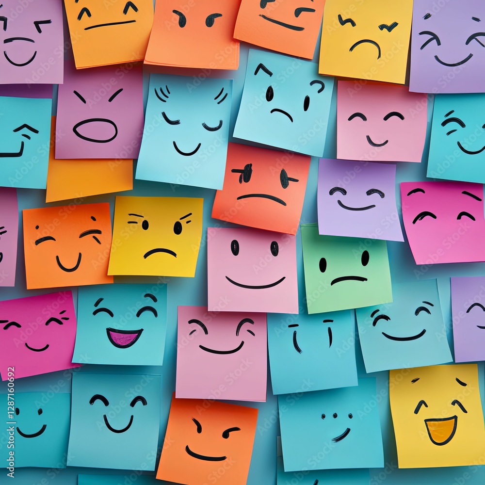 Colorful Sticky Notes Displaying Various Facial Expressions Colorful Sticky Notes Displaying Various Facial Expressions