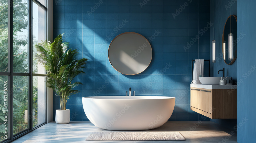Fototapeta premium Modern design, a huge window letting in natural light, a freestanding tub, a circular mirror and blue wall tiles in a stylish bathroom.