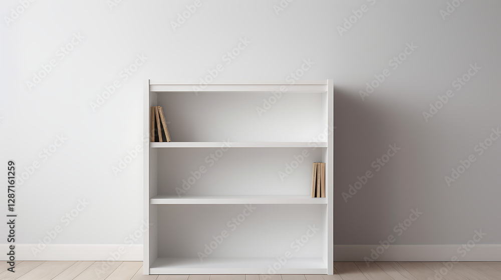 Fototapeta premium A white bookshelf with three shelves and a few books on it