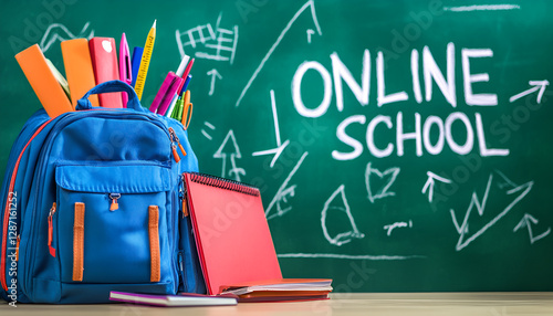 School supplies and online school text on green chalkboard
