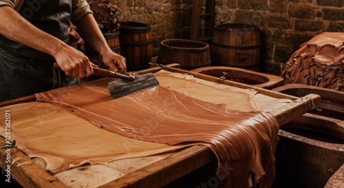 Tanner painstakingly scraping rawhide within the walls of an old tannery