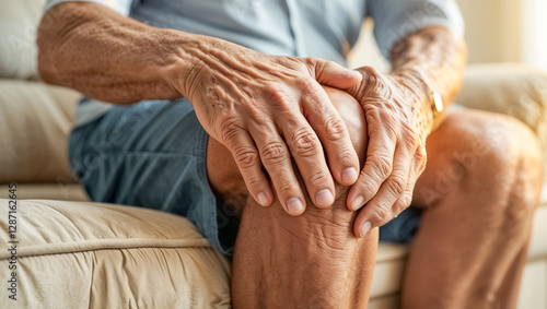 close up of elderly man's hands holding knee, disease osteochondrosis photo