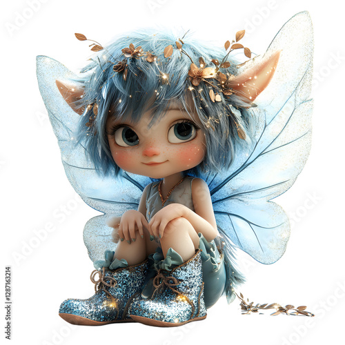 A Fluffy 3D Cartoon Fairy Sitting on the Ground Isolated on Transparent Background