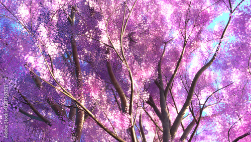 A large cherry tree is blooming with blue sky in the spring created by 3D modeling water colored or cartoon anime style beautiful nature scene background .