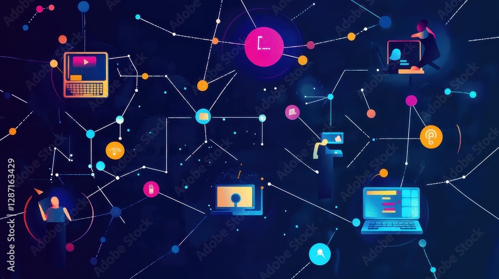 Fototapeta premium Network flat design top view theme information technology water color vivid.
