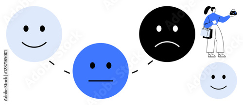 Series of emoticons showing transition from happy to neutral to sad, connected circularly. Person holding device. Ideal for mental health, emotional wellbeing, mood tracking, digital monitoring