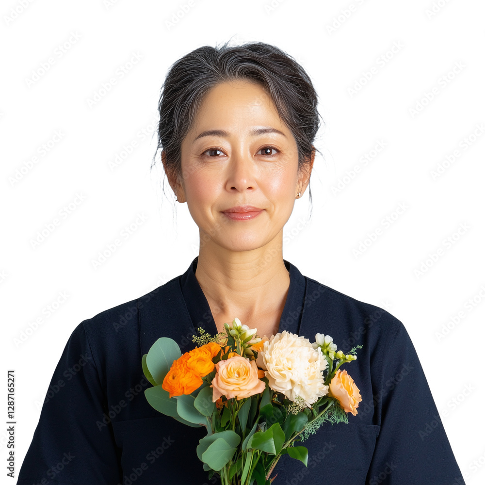 Elegant woman holding a bouquet of bright and colorful flowers against a transparent background, showcasing grace and beauty Elegant woman holding a bouquet of bright and colorful flowers against a transparent background, showcasing grace and beauty
