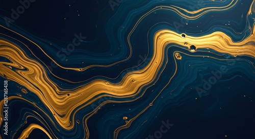 Abstract fluid art with swirling metallic gold and deep blue marble textures