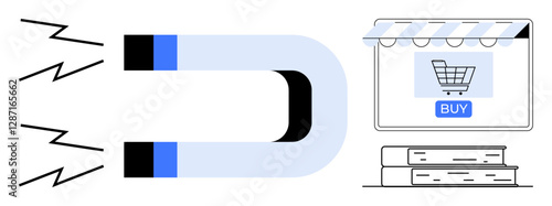 Magnet attracting lightning bolts toward an online store with a Buy button on the screen, and books on a shelf below. Ideal for e-commerce, marketing, customer acquisition, online shopping, business