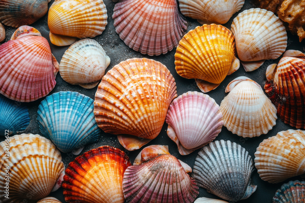 A collection of colorful shells on a black background A collection of colorful shells on a black background