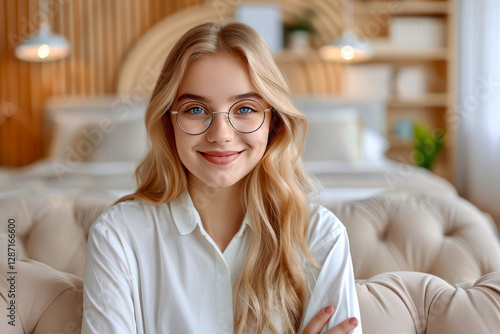 A confident woman poses with crossed arms wearing glasses and a crisp white shirt. She smiles warmly while making direct eye contact radiating positivity in a well-lit setting. photo