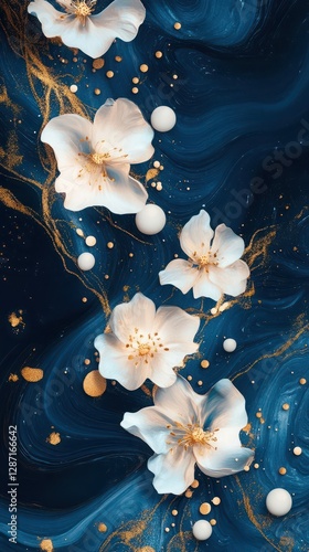 Abstract deep-blue and radiant gold liquid marble background, with vibrant white, luxurious flowers