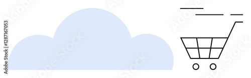Large light blue cloud beside simple line-art shopping cart moving right. Ideal for technology, ecommerce, digital marketing, online stores, cloud storage, internet services themes. Banner