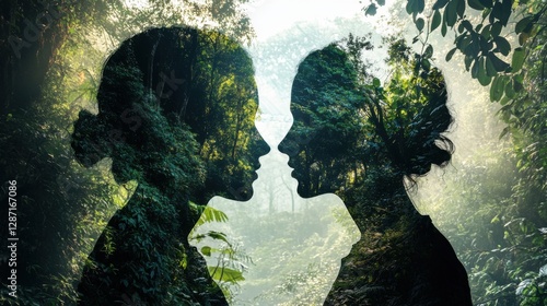 Artistic portraits in an enchanted forest nature reflections and dual perspectives