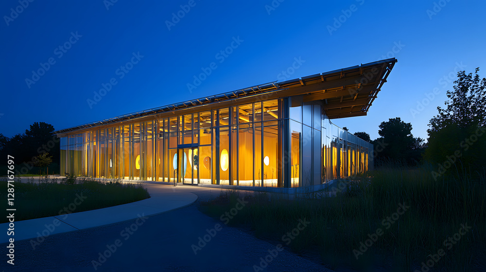 An eco-conscious art center featuring solar-powered lighting, energy-efficient architecture, and interactive exhibitions promoting sustainability. An eco-conscious art center featuring solar-powered lighting, energy-efficient architecture, and interactive exhibitions promoting sustainability.