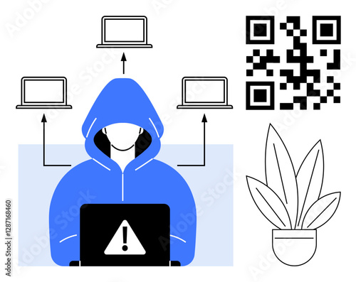 Hacker in blue hoodie with laptop showing warning symbol, connected to three laptops. QR code and plant on side. Ideal for cybersecurity, data breach, hacking, online threats, digital security