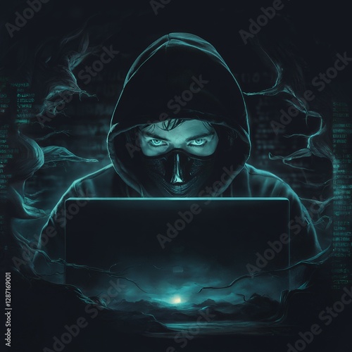 A sinister hacker sitting at a laptop, wearing a hood and a dark mask hiding the lower part of his face. There is a dark mystical world and floating program code around.