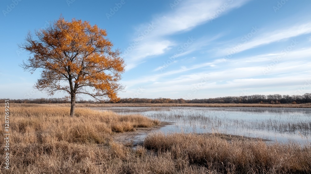 Autumn tree by tranquil wetland Autumn tree by tranquil wetland