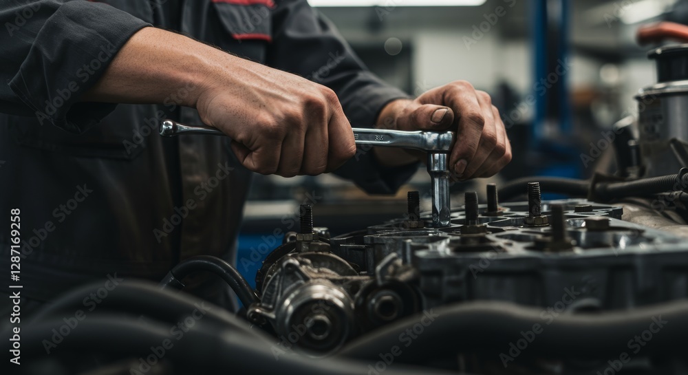 Automotive technician meticulously tightening bolts on an engine assembly Automotive technician meticulously tightening bolts on an engine assembly