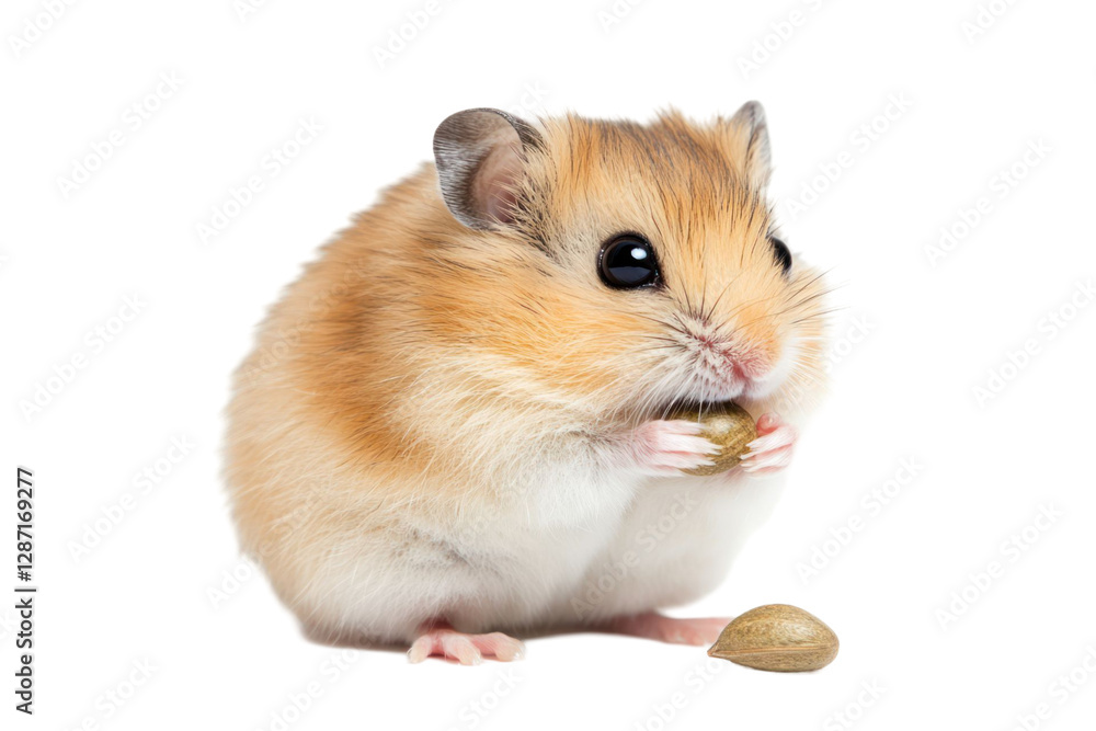 Close up of a hamster eating a seed, studio shot, transparent background. The hamster has brown and white fur Close up of a hamster eating a seed, studio shot, transparent background. The hamster has brown and white fur