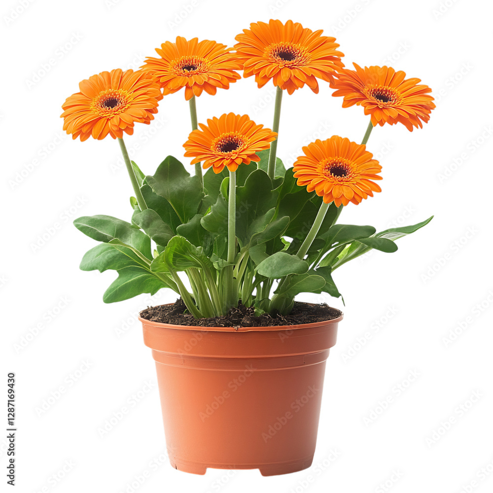 A Thriving Potted Gerbera Daisy Plant with Orange Flowers Isolated on Transparent Background A Thriving Potted Gerbera Daisy Plant with Orange Flowers Isolated on Transparent Background