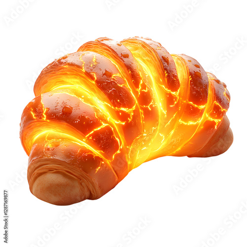 Fluffy 3D Cartoon Croissant with Glowing Butter and Flames Isolated on Transparent Background photo