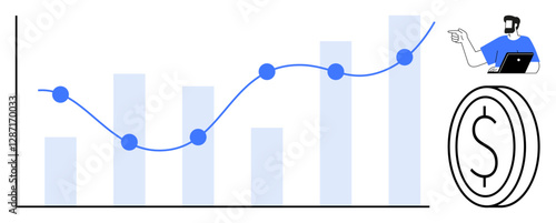 Business analyst points at rising bar graph with data points, highlighting financial growth, dollar coin. Ideal for financial analysis, business growth, investment, market trends, data visualization