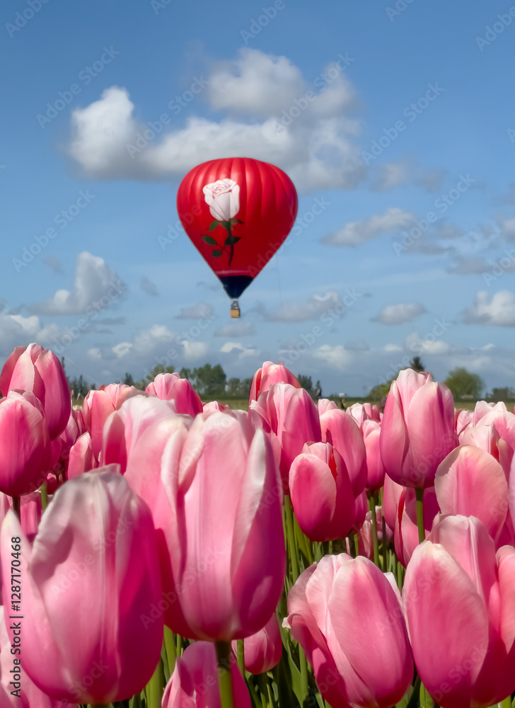 Obraz premium hot air balloon with blue sky over flower field