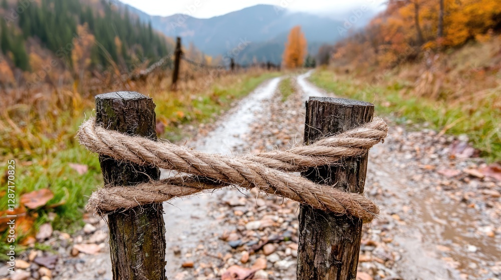 Fototapeta premium Autumnal mountain road, rope fence, travel