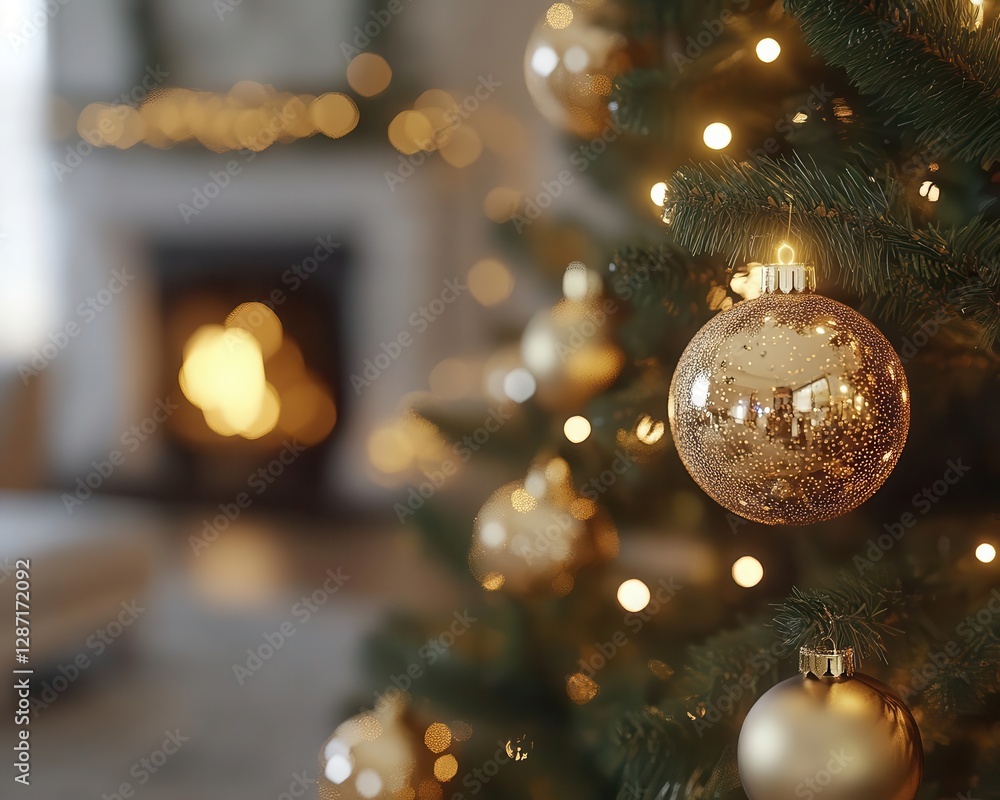 Fototapeta premium Decorating the Christmas tree with glowing AR ornament placement guide, cozy holiday living room, soft warm lighting, photorealistic