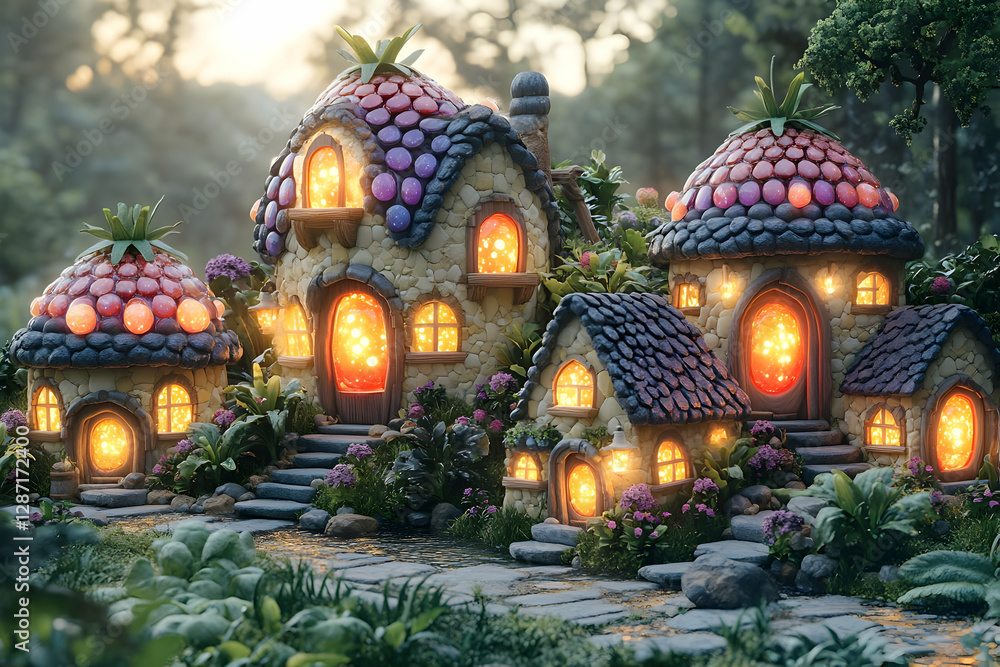 Enchanted Village With Berry Roofs In Forest Enchanted Village With Berry Roofs In Forest
