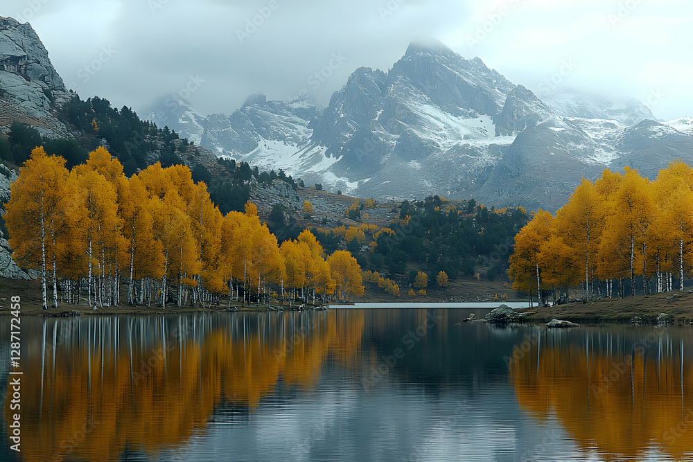 Fototapeta premium Autumnal Lake Reflecting Snowy Mountains
