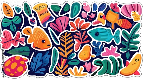 Vibrant nature stickers featuring fish and leaves creative studio digital art colorful design playful aesthetic