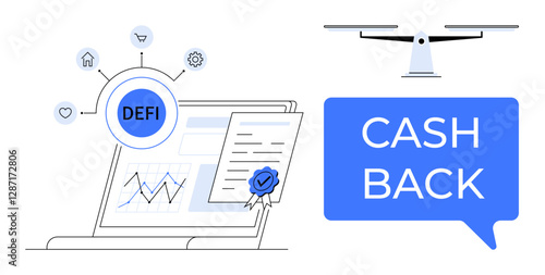 Laptop with DEFI in a blue circle connecting to icons of houses, gears, graphs, certificate, and cash back symbol. Ideal for decentralized finance, blockchain, financial services, digital contracts