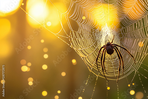 Golden Hour Spiderweb: A Dew-Kissed Arachnid's Masterpiece