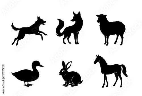 Photography Silhouette collection of domestic and wild animals: dog, fox, sheep, duck, rabbi