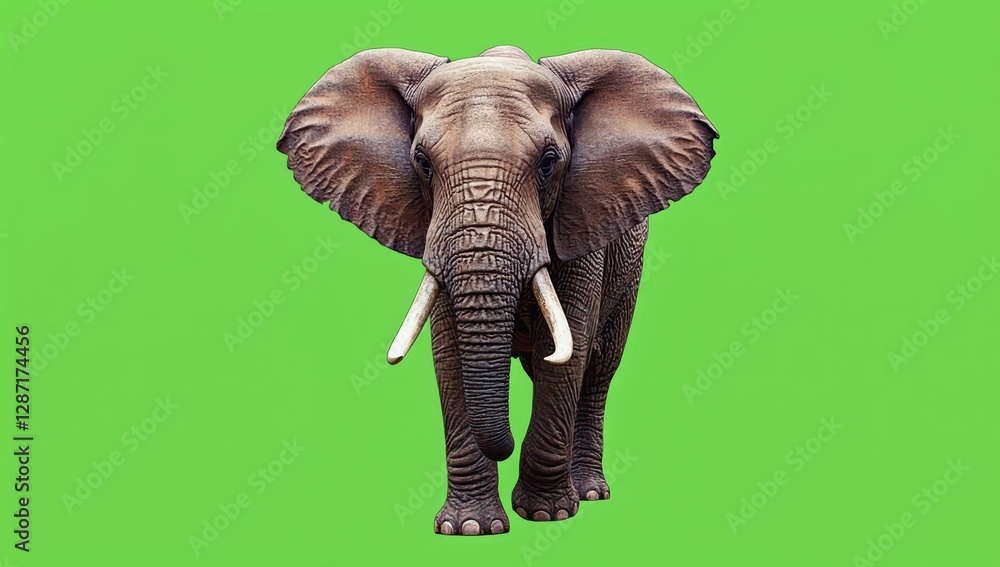 Obraz premium Realistic Elephant Walking Against Bright Green Background