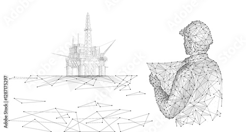 Engineer and oil rig. Abstract 3d floating rig platform