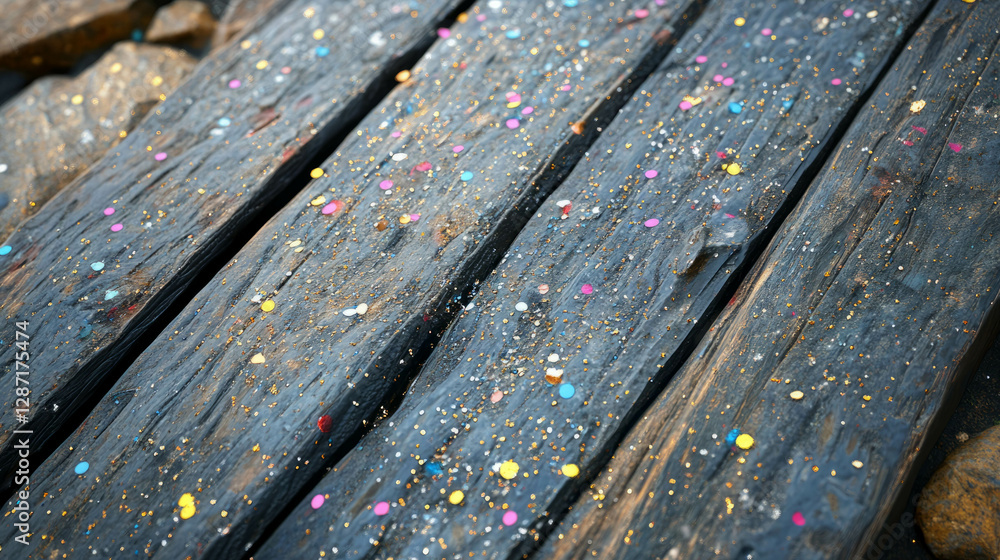 Fototapeta premium Rustic wooden texture with vibrant confetti for festive party design