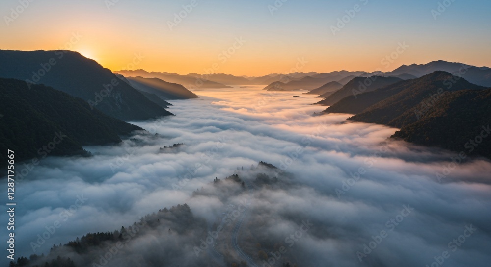 Aerial view of a winding mountain road covered in mist during sunrise Aerial view of a winding mountain road covered in mist during sunrise
