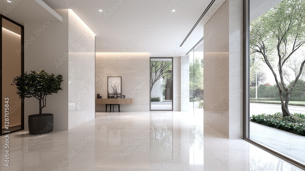 Fototapeta premium Modern lobby, elegant design, large windows, city view, real estate