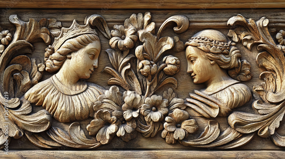 Intricate wood texture with detailed engravings and floral ornamentation Intricate wood texture with detailed engravings and floral ornamentation