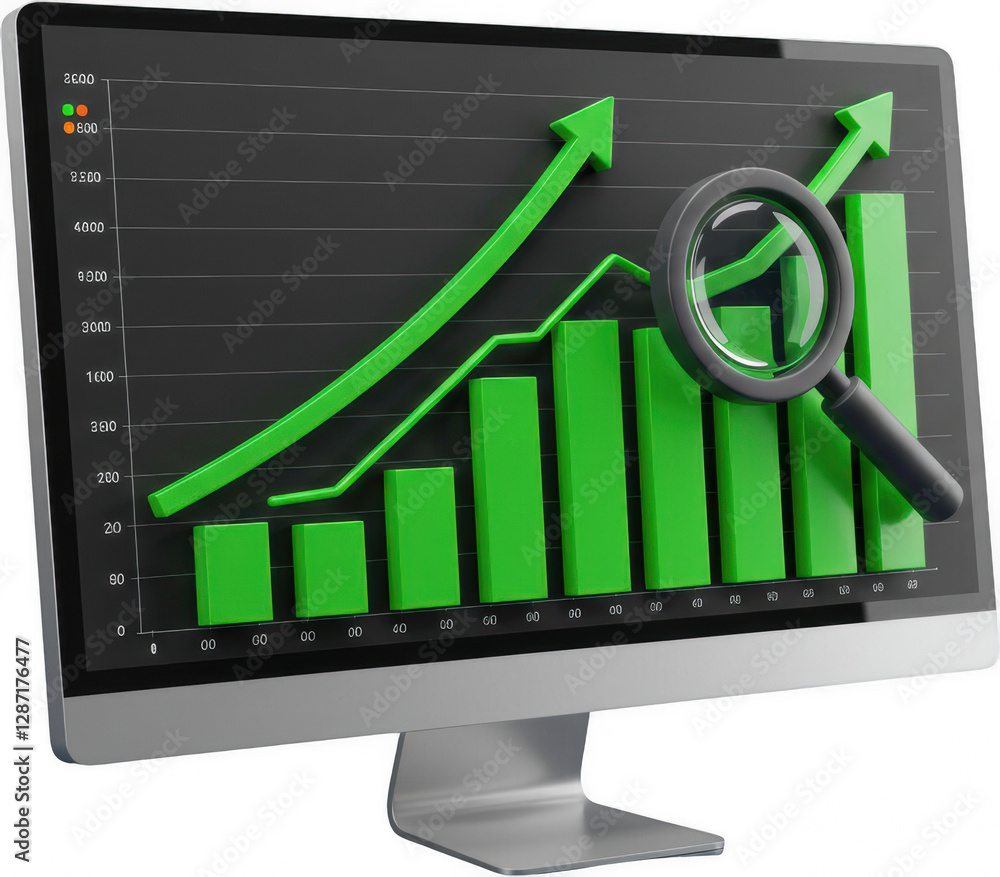 Upward Trending Green Bar Graph on Computer Screen with Magnifying Glass Analyzing Growth Upward Trending Green Bar Graph on Computer Screen with Magnifying Glass Analyzing Growth