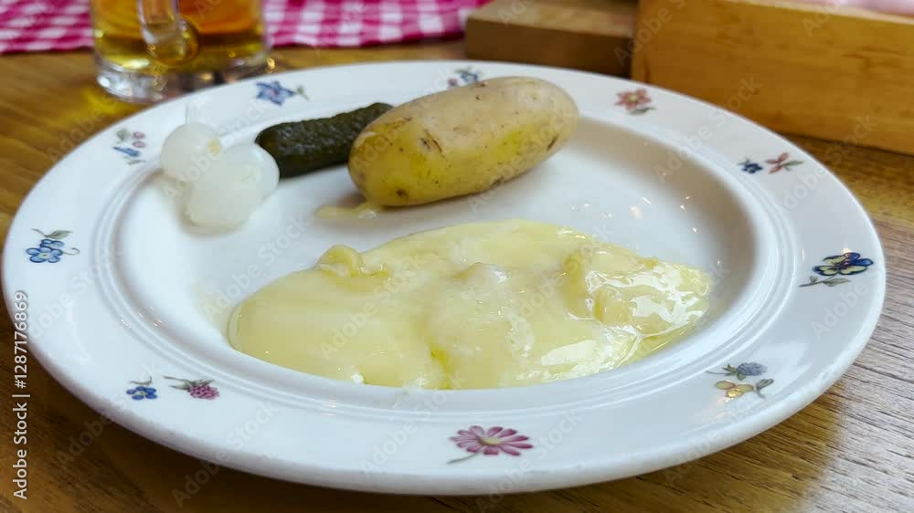 Raclette with potatoes, pickled onions, and gherkins (cornichons) Raclette with potatoes, pickled onions, and gherkins (cornichons)